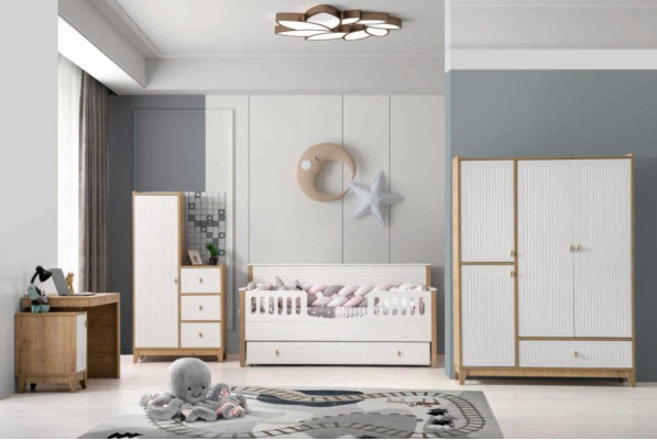 Stilvoll Kinderzimmer Set Bett 2x Kleiderschrank Schreibtisch Weiß 5tlg