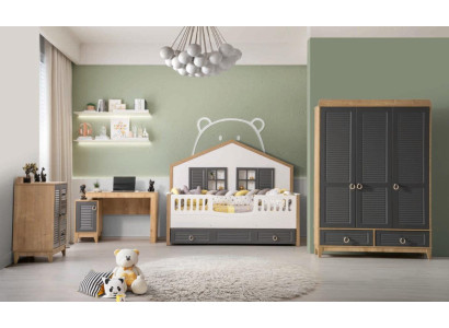 luxuriös Komplette Kindermöbel Bett Holz Set 4tlg Kinderzimmer Grau