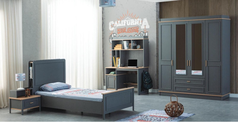 Kinderzimmermöbel Kinderzimmer Bett Kinderbett Grau Holz Set 4tlg