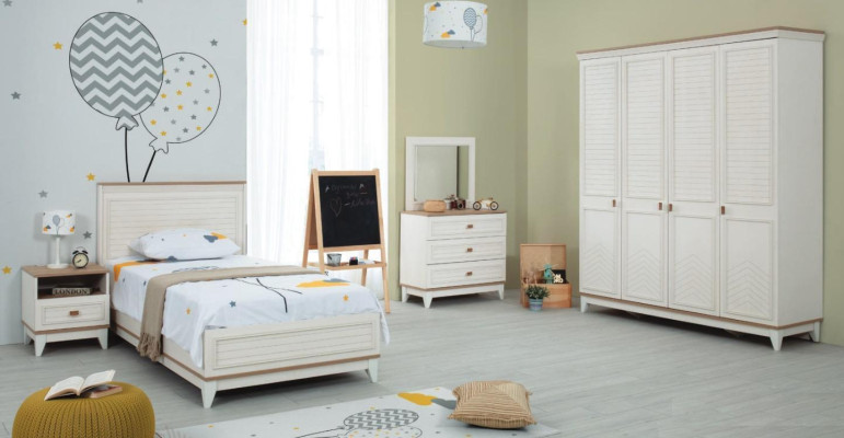 Garnitur Kinderzimmer Bett Kinderbett Kindermöbel Weiß Holz Set 5tlg