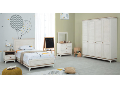 Garnitur Kinderzimmer Bett Kinderbett Kindermöbel Weiß Holz Set 5tlg