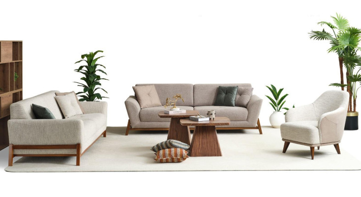 Gruppe Couch Dreisitzer Sessel Sofa Stoff Beige Stoffsofa Set 3tlg 3+3+1