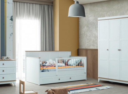 Kinderlaufstall Kinderbettchen Garnitur Bettchen Weiß Holz Set 3tlg