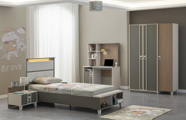 Kindermöbel Garnitur Kinderzimmer Bett Kinderbett Grau Holz Set 4tlg