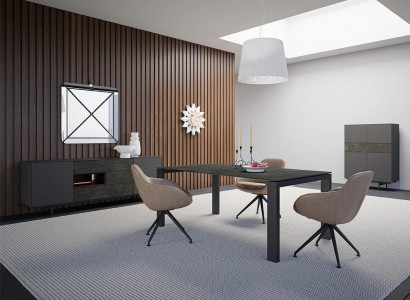 Designer Ess Zimmer Esstisch Set Stühle Metall Textill Essgruppe Schrank