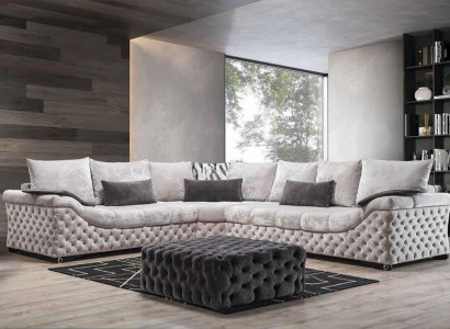 Ecksofa Beige Design Couch Holz mit Textil Wohnzimmer L Form Sofas Neu