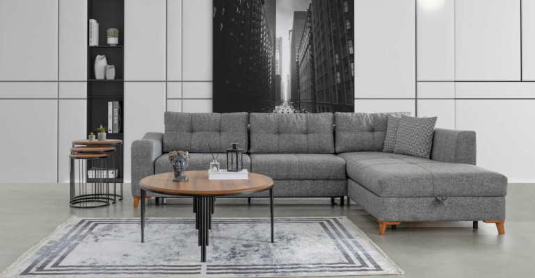 Graues L-Form Ecksofa Designer Wohnzimmer Sofas Luxus Couchen Holzmöbel