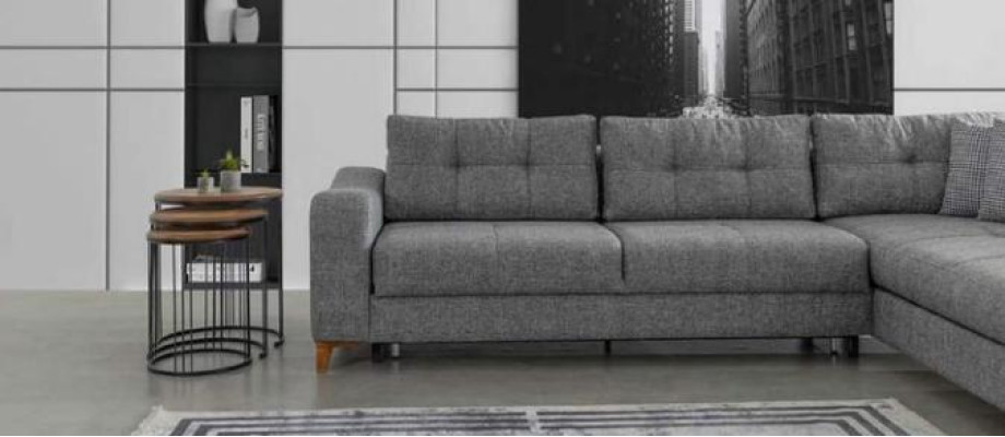 Graues L-Form Ecksofa Designer Wohnzimmer Sofas Luxus Couchen Holzmöbel