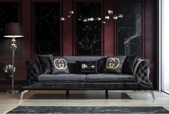 Sofa 3 Sitz Polster Möbel Dreisitzer  Couchen schwarz Holz mit Metall