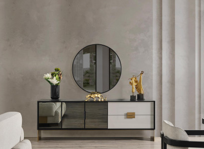 Schwarzes Wohnzimmer Set Designer Sideboard Luxus Spiegel 2tlg Set Neu