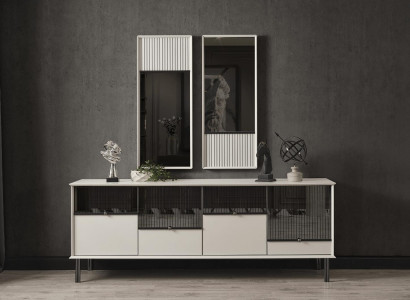 Modernes Set Designer Weißes Sideboard 2x Spiegel 4-türig 2tlg Luxus Set
