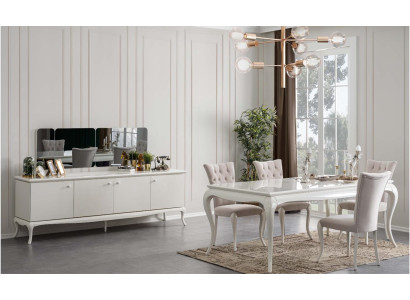 Essgruppe Essecke Esszimmer Esstisch Holz Weiß Set 7tlg Sideboard