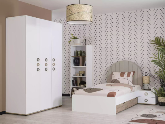 Jugendbett Garnitur Kinderzimmer Nachttisch Bett Holz Weiß Set 4tlg