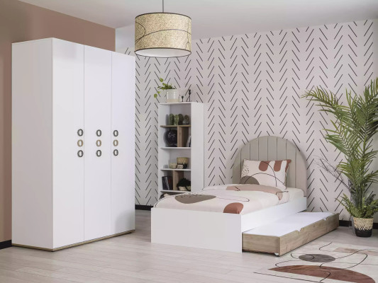 Jugendbett Garnitur Kinderzimmer Nachttisch Bett Holz Weiß Set 4tlg