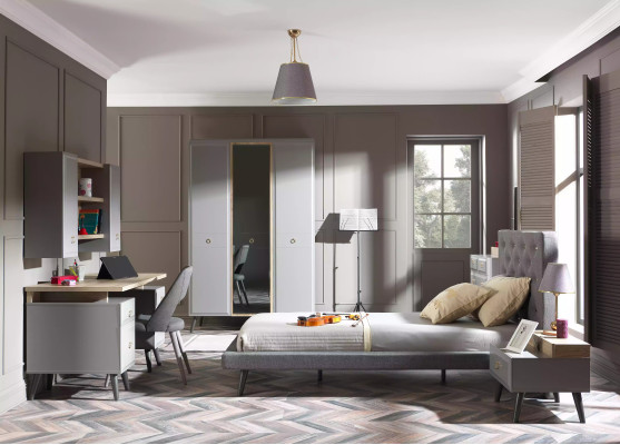 Komplete Jugendbett Kindermöbel Kinderzimmer Bett Holz Grau Set 5tlg