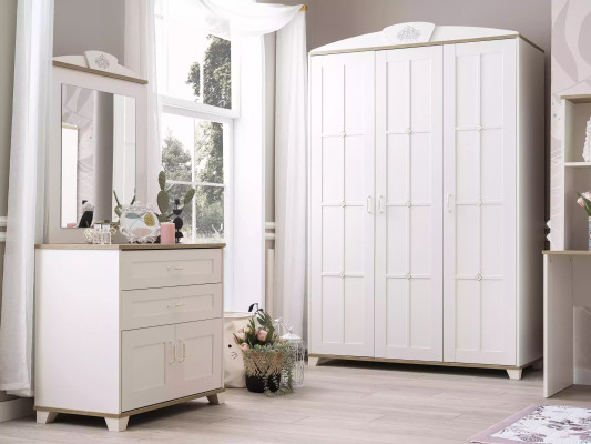 Garnitur Schlafzimmer Kleiderschrank Set 3tlg Kommode Holz Weiß