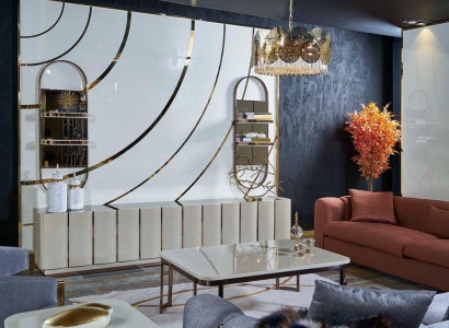 Luxus Möbel Wohnzimmer Sideboard Holz mit Metall neu beige Stil Modern