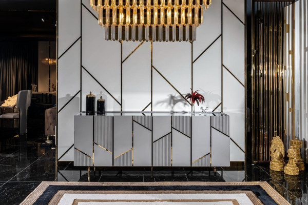 Esszimmer Set Esstisch 4x Stühle und Anrichte mit Spiegel Möbel Neu