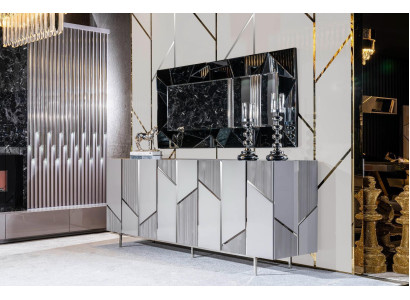 Wohnzimmer Garnitur Set Anrichte Spiegel Möbel Gruppe 2tlg Kommode Grau