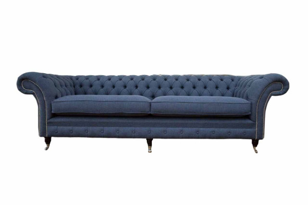 Design Chesterfield Sofa 4 Sitzer Stoff Couch Blau Polster Wohnzimmer 