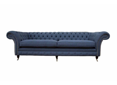 Design Chesterfield Sofa 4 Sitzer Stoff Couch Blau Polster Wohnzimmer 