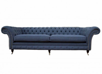 Design Chesterfield Sofa 4 Sitzer Stoff Couch Blau Polster Wohnzimmer 