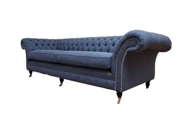Design Chesterfield Sofa 4 Sitzer Stoff Couch Blau Polster Wohnzimmer 