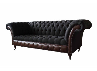 Chesterfield 3 Sitzer Sofa Couch Leder Polster Sitz Stoff Schwarz Neu