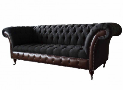 Chesterfield 3 Sitzer Sofa Couch Leder Polster Sitz Stoff Schwarz Neu