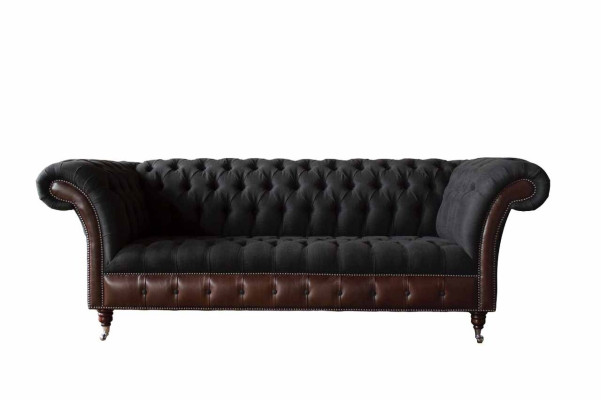 Chesterfield 3 Sitzer Sofa Couch Leder Polster Sitz Stoff Schwarz Neu