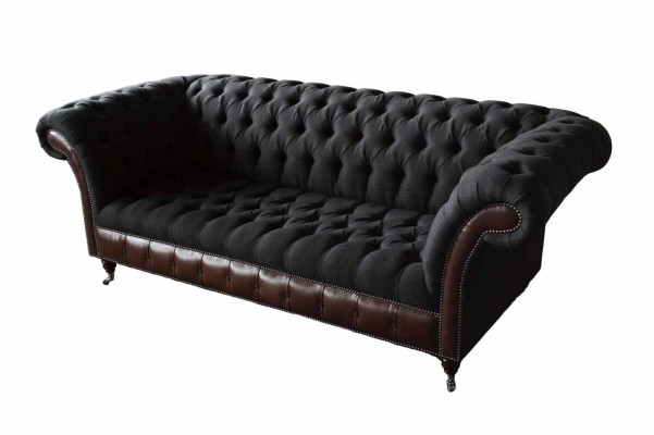 Chesterfield 3 Sitzer Sofa Couch Leder Polster Sitz Stoff Schwarz Neu