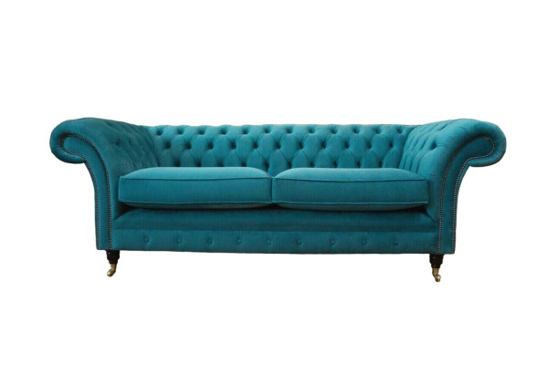 Chesterfield Dreisitzer Blau Stoff Wohnzimmer Design Polster Sofa