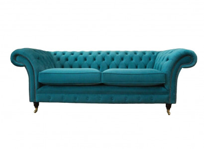 Chesterfield Dreisitzer Blau Stoff Wohnzimmer Design Polster Sofa