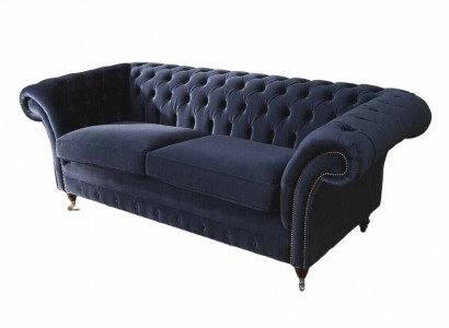 Klassich Chesterfield Wohnzimmer Samt Couch Blau 3 Sitzer Textil Sofas