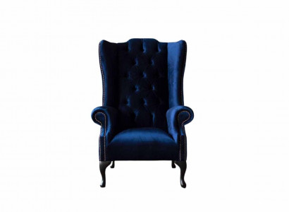 Ohrensessel Chesterfield Sofa Couch Polster 1 Sitzer Sessel Textil Blau