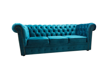 Chesterfield Sofa 3 Sitzer Textil Couchen Stoff Blau Sofas Modern