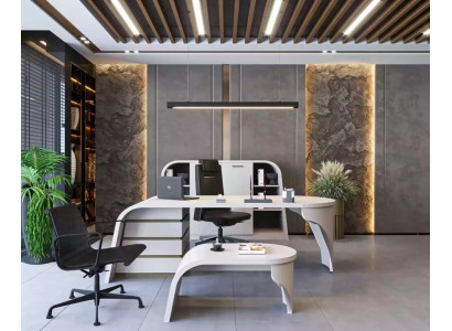 Weißes Büro Set Chef Schreibtisch Oval Couchtisch Aktenschrank Regal 3tlg.