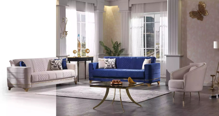 Blaue Polstergarnitur Set 3+1+1 Sitzer Sofa Set Sessel Sofagarnitur 3tlg
