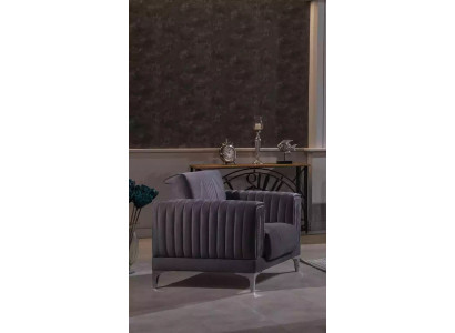 Grauer Sessel Polster Einsitzer Wohnzimmer Möbel Holzgestell Textil