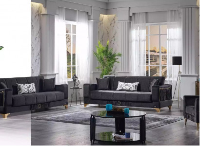 Schwarze Sofagarnitur 3+3+1 Sitzer Couchen Stoff Sitzmöbel Sessel Sofa