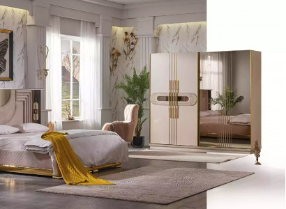 Beiges Schlafzimmer Set Bett 2x Nachttische Kleiderschrank Schminktisch