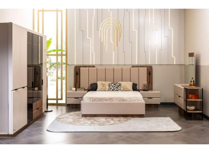 Doppelbett Garnitur Nachttische Beige Stoff 5tlg Schmink Schrank Bett