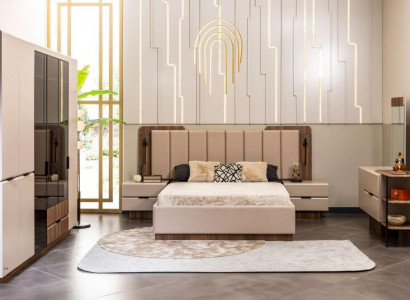 Doppelbett Garnitur Nachttische Beige Stoff 5tlg Schmink Schrank Bett