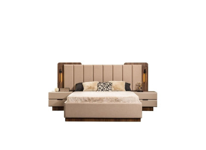 Komplette Schlafzimmer Doppelbett Bett Nachttische Beige Stoff 3tlg