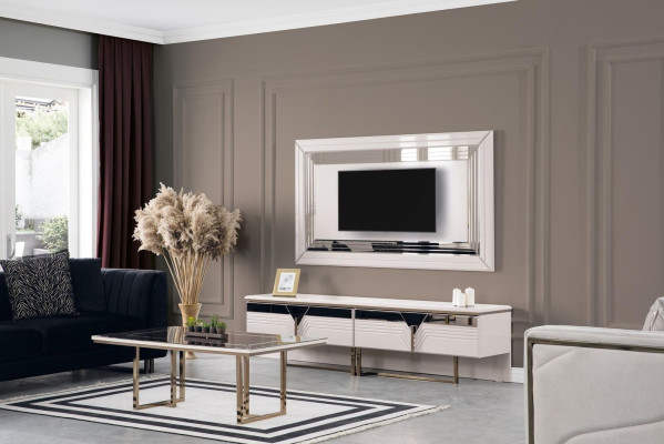 Wohnwand TV Ständer Wandpanel RTV Lowboard Weiß Holz Sideboard Moderne