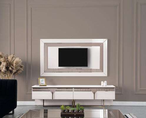 Wohnwand TV Ständer Wandpanel RTV Lowboard Weiß Holz Sideboard Moderne