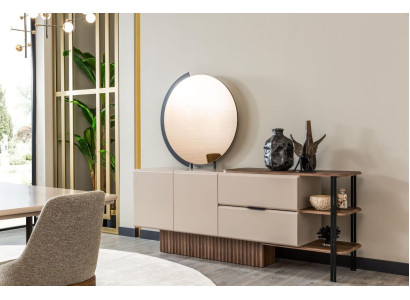 Garnitur Sideboard mit Spiegel Beige Holzschrank Schrank Holz Design