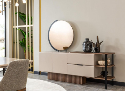 Garnitur Sideboard mit Spiegel Beige Holzschrank Schrank Holz Design