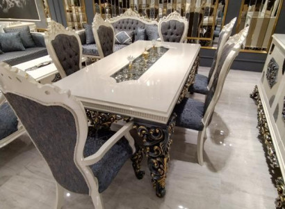 Glamouröses Esszimmer Set Esstisch + 6x Stühle + Kommod mit Spiegel 8 tlg