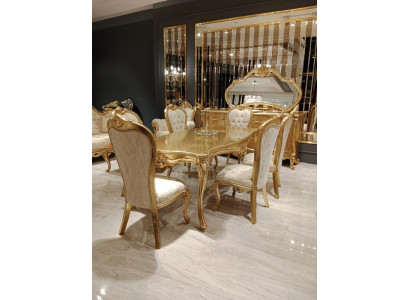 Klassisch Esstisch + 6x Stühle + Anrichte mit Spiegel Gold Holz Kommode Neu